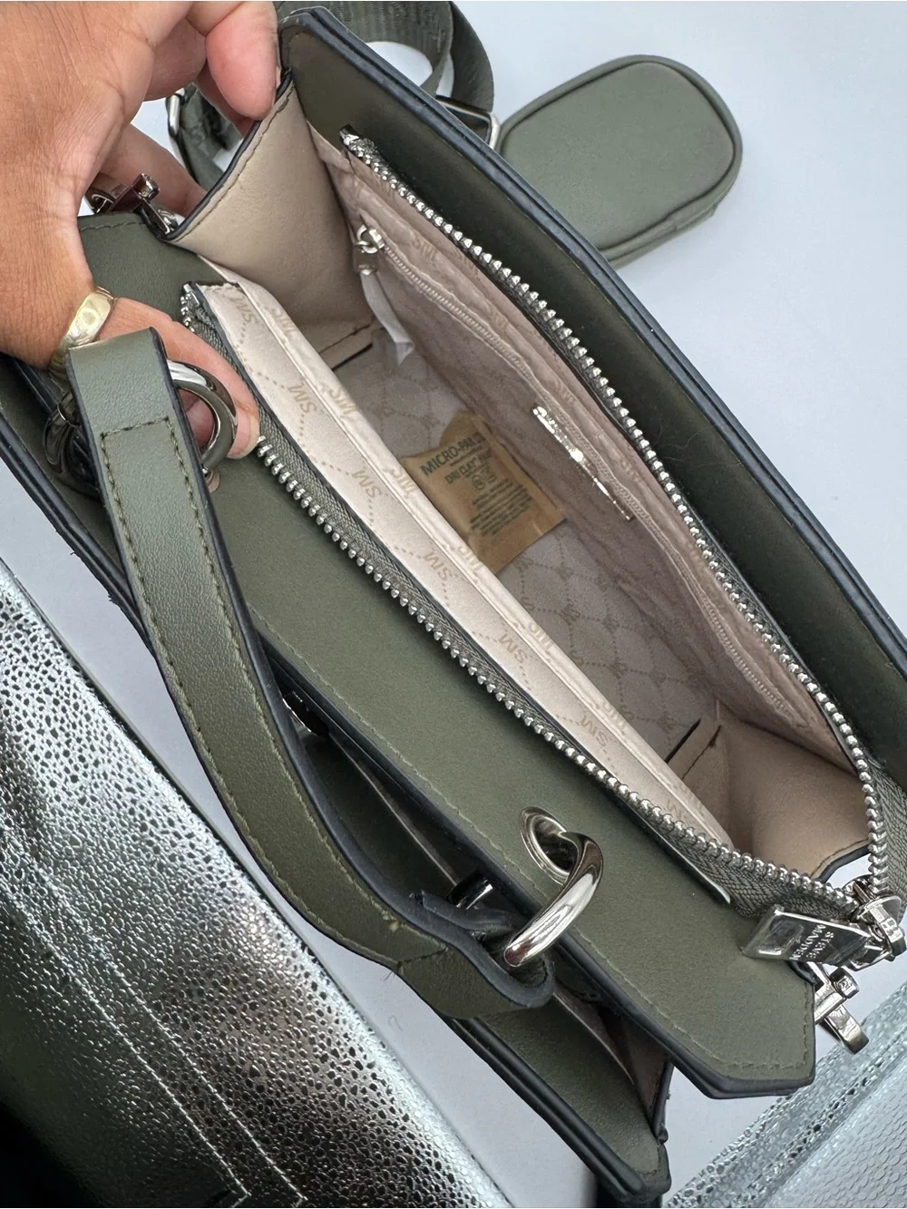 Steve Madden Olive Green Structured Crossbody Logo Strap and removable zip pouch